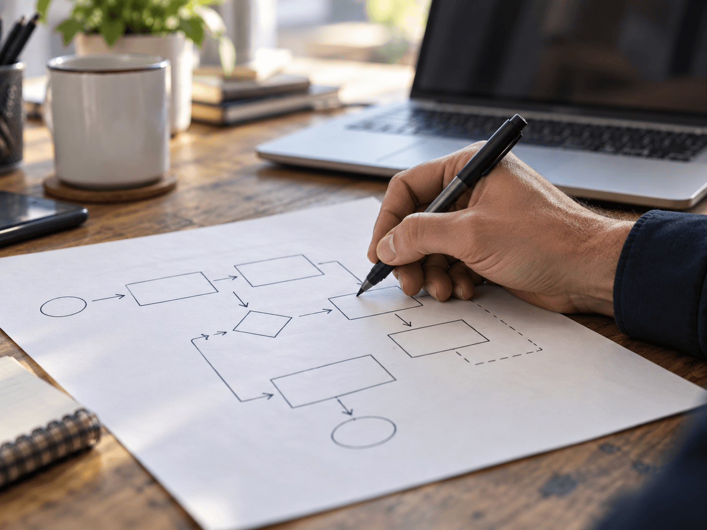 Hands mapping a service workflow at a table